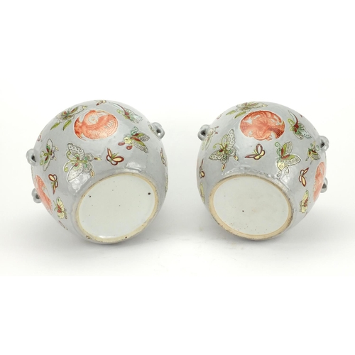 2228 - Pair of Chinese porcelain jars and covers, both hand painted with butterflies amongst roundels of Ph... 