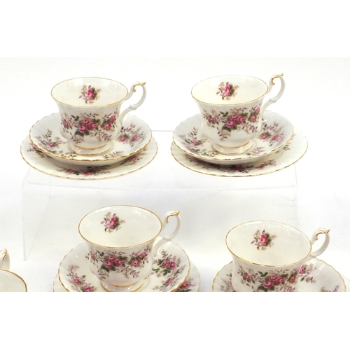 2237 - Royal Albert lavender rose pattern teaware comprising trio's, milk jug and sugar bowl, each cup 8cm ... 