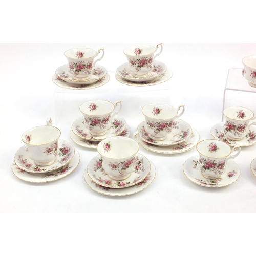 2237 - Royal Albert lavender rose pattern teaware comprising trio's, milk jug and sugar bowl, each cup 8cm ... 