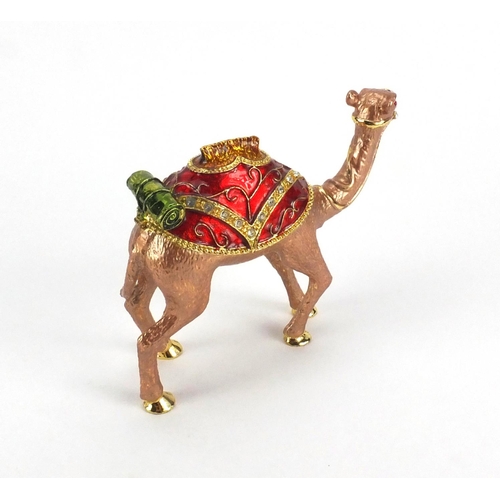 2254 - Enamelled camel trinket box with red stone eyes, 14cm high