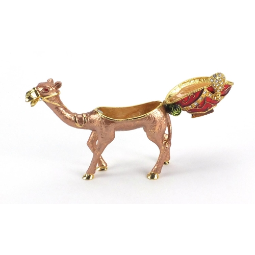 2254 - Enamelled camel trinket box with red stone eyes, 14cm high