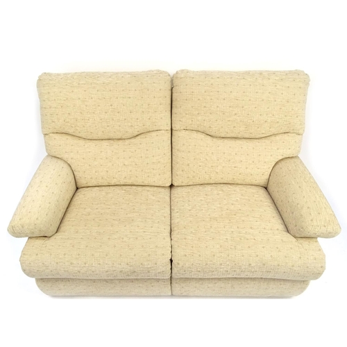 2023 - Beige upholstered two seater settee, 165cm long