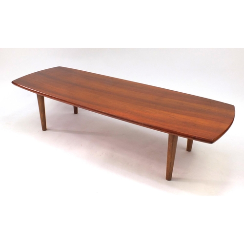 2062 - Vintage rosewood coffee table, shaped rectangular top on tapering turned legs, 31cm high x 128cm wid... 