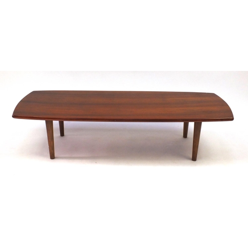 2062 - Vintage rosewood coffee table, shaped rectangular top on tapering turned legs, 31cm high x 128cm wid... 