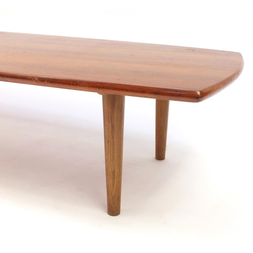 2062 - Vintage rosewood coffee table, shaped rectangular top on tapering turned legs, 31cm high x 128cm wid... 