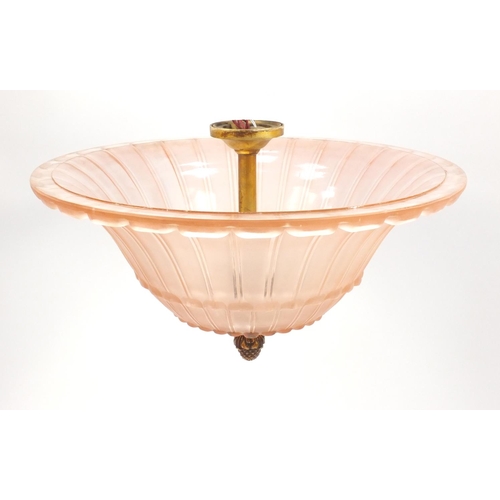 2099 - Large Art Deco pink glass plafonnier, the good quality gilt brass fitting and acorn finial, 51cm in ... 