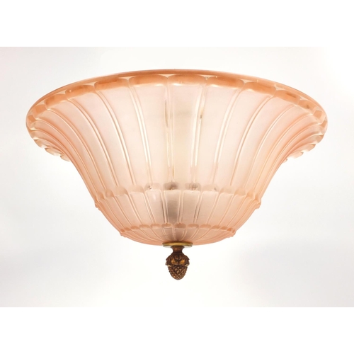 2099 - Large Art Deco pink glass plafonnier, the good quality gilt brass fitting and acorn finial, 51cm in ... 