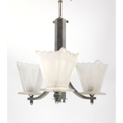 2102 - Art Deco chrome three branch chandelier with frosted glass shades, 42cm high