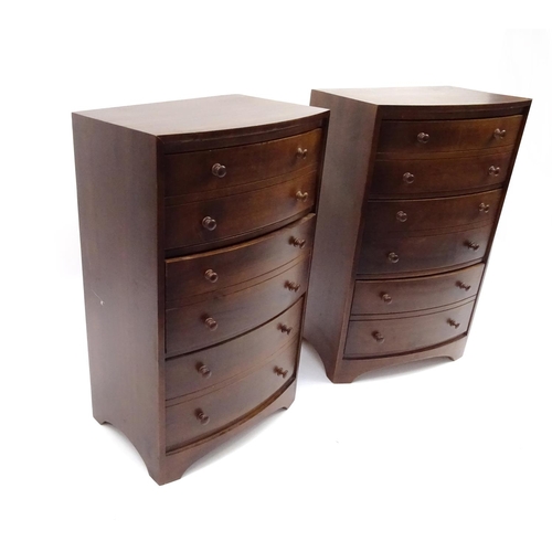 50 - Pair of stained pine three drawer bow front bedside chests, 75cm high x 45cm wide x 31cm deep