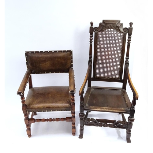 50A - Four chairs comprising a pair of oak examples with drop in seats, an armchair with cane back and one... 