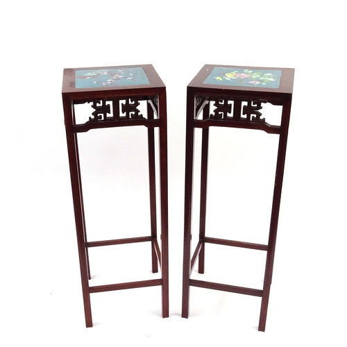 7 - Pair of Chinese hardwood plant stands, with cloisonné inset panel tops, 92cm high x 32cm square