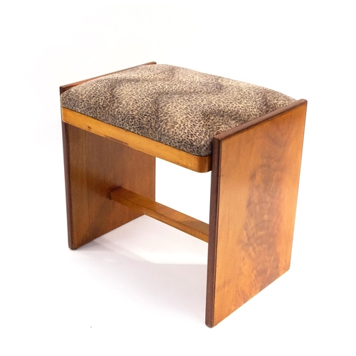 42 - Art Deco walnut stool with leopard print seat, 47cm high