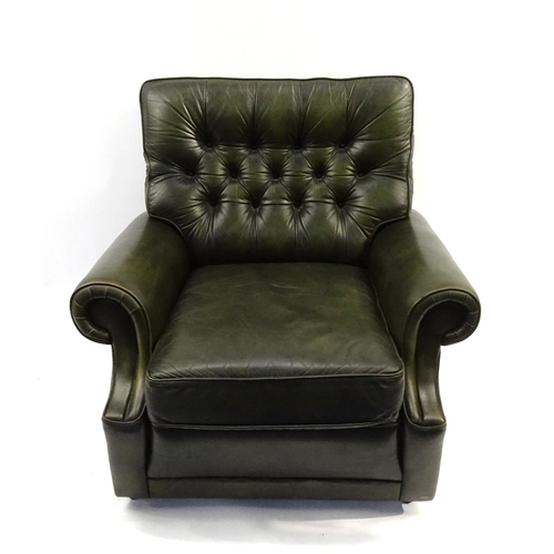 26 - Green leather easy chair with button back upholstery