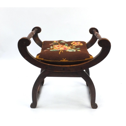 58 - X framed stool with needle point upholstered cushion