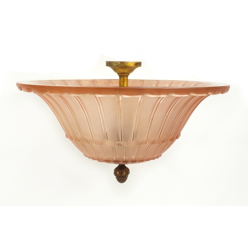 2098 - Large Art Deco pink glass plafonnier, the good quality gilt brass fitting and acorn finial, 51cm in ... 