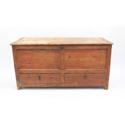 8 - Antique stripped pine coffer fitted with two drawers to the base, 61cm high x 121cm wide x 46cm deep