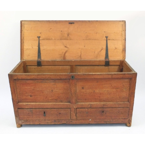 8 - Antique stripped pine coffer fitted with two drawers to the base, 61cm high x 121cm wide x 46cm deep