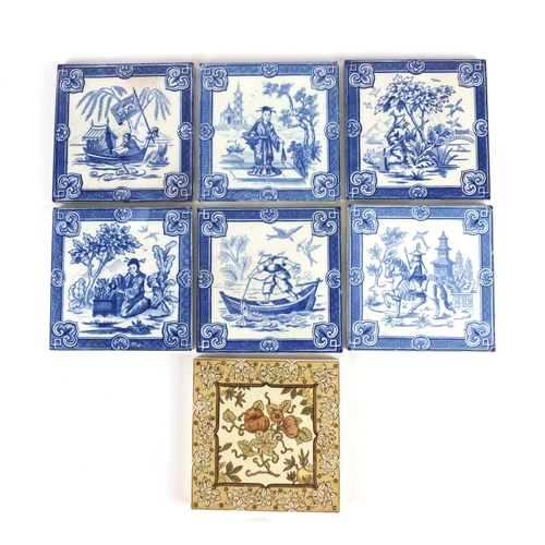 721 - Seven Victorian tiles including six Minton Hollins picture tiles, each 15cm x 15cm