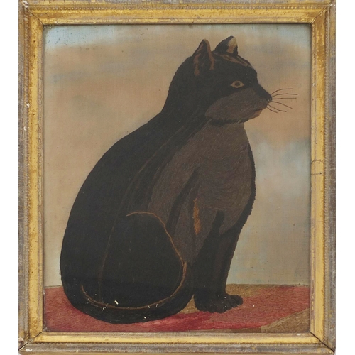 28 - 19th century rectangular silk work picture, seated cat, gilt framed, 38cm x 28cm excluding the frame