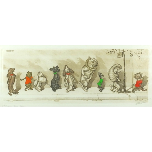 1268 - Borris O'Klein - Pencil signed comical coloured etching Chaum Son Tour, gilt framed, 48cm x 21cm  ex... 