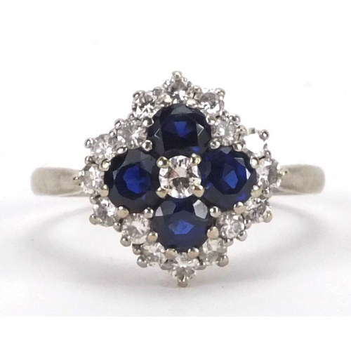 901 - 18ct white gold diamond and sapphire three tier ring, set with seventeen diamonds and four sapphires... 