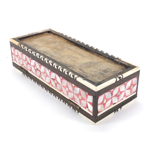 627 - Rectangular wooden Turkish pen box with ivory banding, the hinged lid with Mother of Pearl and torto... 