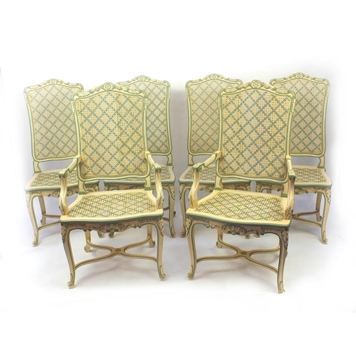 18 - Set of six cream and green painted highback dining chairs with cane panelled backs and seats to incl... 