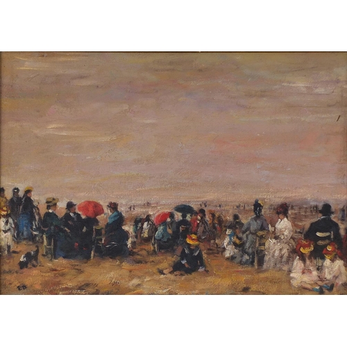 45 - French impressionist oil onto board, figures on a beach, bearing a monogram EB, ornately gilt framed... 