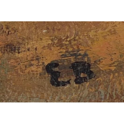 45 - French impressionist oil onto board, figures on a beach, bearing a monogram EB, ornately gilt framed... 