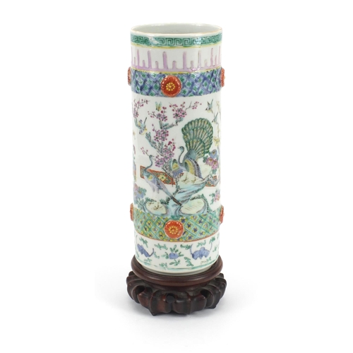 458 - Chinese porcelain cylindrical vase, hand painted in the famille rose palette with birds of paradise ... 