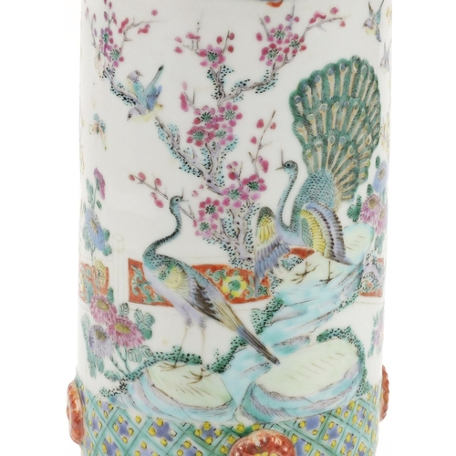 458 - Chinese porcelain cylindrical vase, hand painted in the famille rose palette with birds of paradise ... 