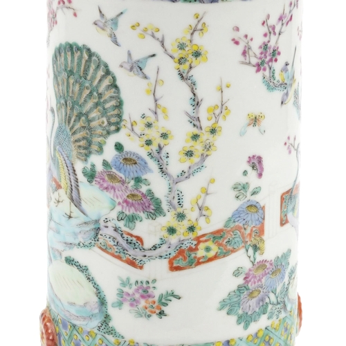 458 - Chinese porcelain cylindrical vase, hand painted in the famille rose palette with birds of paradise ... 