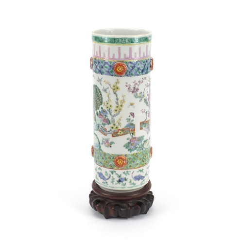 458 - Chinese porcelain cylindrical vase, hand painted in the famille rose palette with birds of paradise ... 