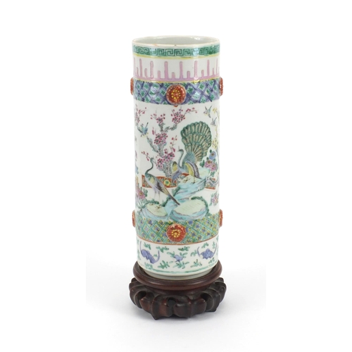 458 - Chinese porcelain cylindrical vase, hand painted in the famille rose palette with birds of paradise ... 