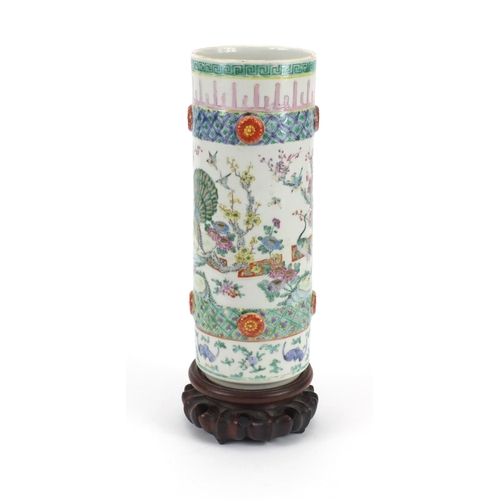 458 - Chinese porcelain cylindrical vase, hand painted in the famille rose palette with birds of paradise ... 