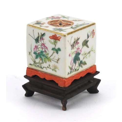 459 - Chinese porcelain two piece square incense burner raised on a square hardwood base, finely hand pain... 