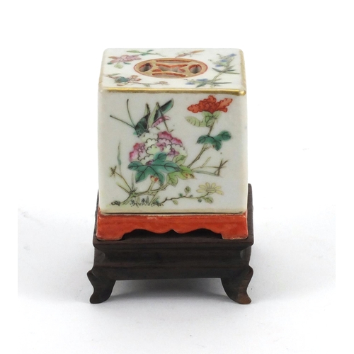 459 - Chinese porcelain two piece square incense burner raised on a square hardwood base, finely hand pain... 