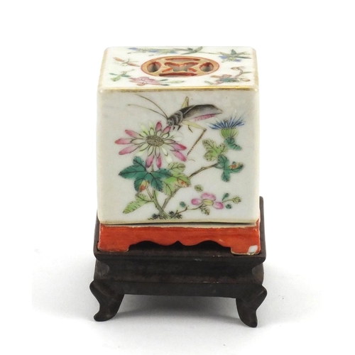 459 - Chinese porcelain two piece square incense burner raised on a square hardwood base, finely hand pain... 