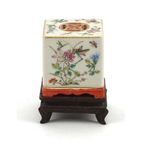 459 - Chinese porcelain two piece square incense burner raised on a square hardwood base, finely hand pain... 