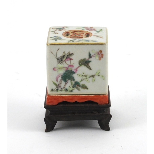 459 - Chinese porcelain two piece square incense burner raised on a square hardwood base, finely hand pain... 