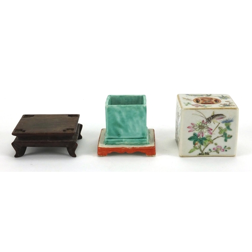 459 - Chinese porcelain two piece square incense burner raised on a square hardwood base, finely hand pain... 