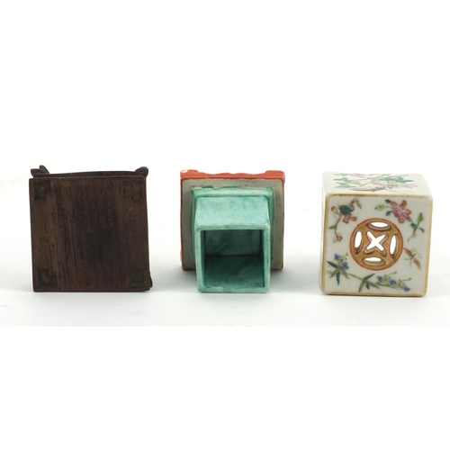 459 - Chinese porcelain two piece square incense burner raised on a square hardwood base, finely hand pain... 