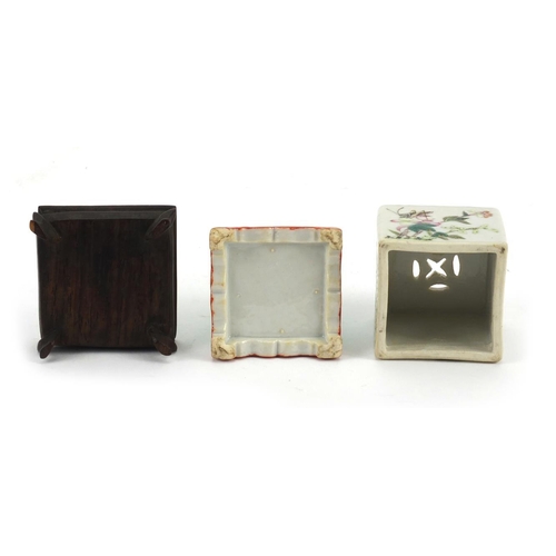 459 - Chinese porcelain two piece square incense burner raised on a square hardwood base, finely hand pain... 