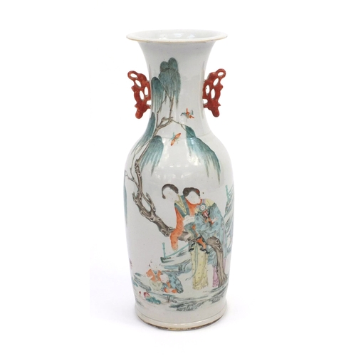 468 - Large Chinese porcelain vase with iron red twin handles, hand painted in the famille rose palette wi... 