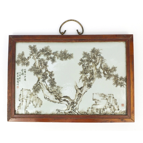 465 - Chinese porcelain panel hand painted with a tree, with script and red seal marks, housed in a hardwo... 