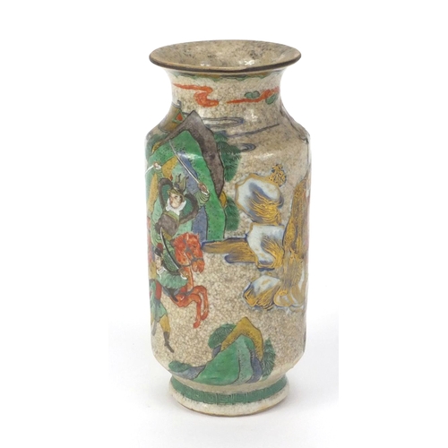 484 - Chinese stoneware vase with, hand painted in the famille verte palette with figures on horseback and... 