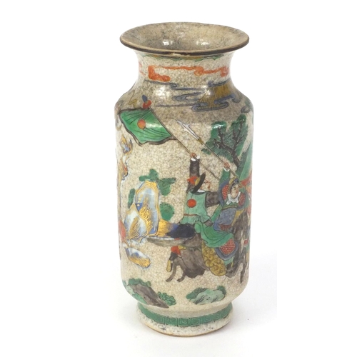 484 - Chinese stoneware vase with, hand painted in the famille verte palette with figures on horseback and... 