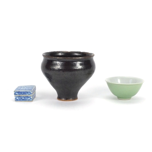 527 - Chinese ceramics including a pottery bowl, celadon glaze bowl and blue and white rectangular box and... 