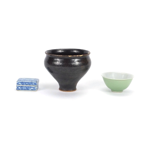 527 - Chinese ceramics including a pottery bowl, celadon glaze bowl and blue and white rectangular box and... 