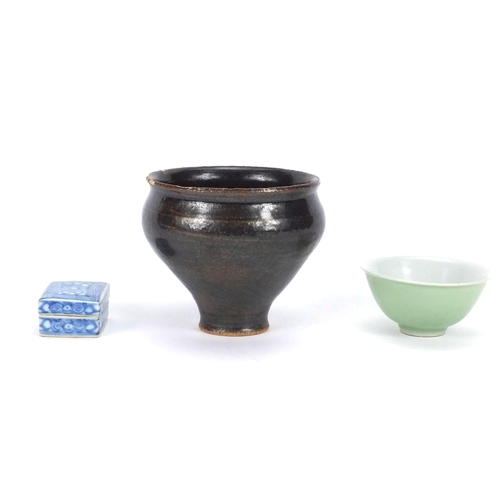 527 - Chinese ceramics including a pottery bowl, celadon glaze bowl and blue and white rectangular box and... 